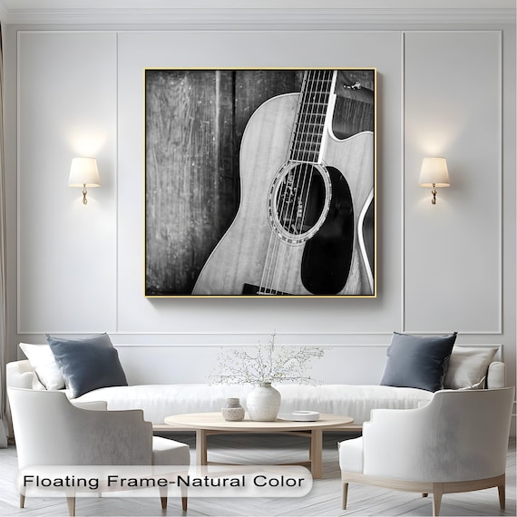 Black White Acoustic Guitar Close Up Music Room Photography Wall Art