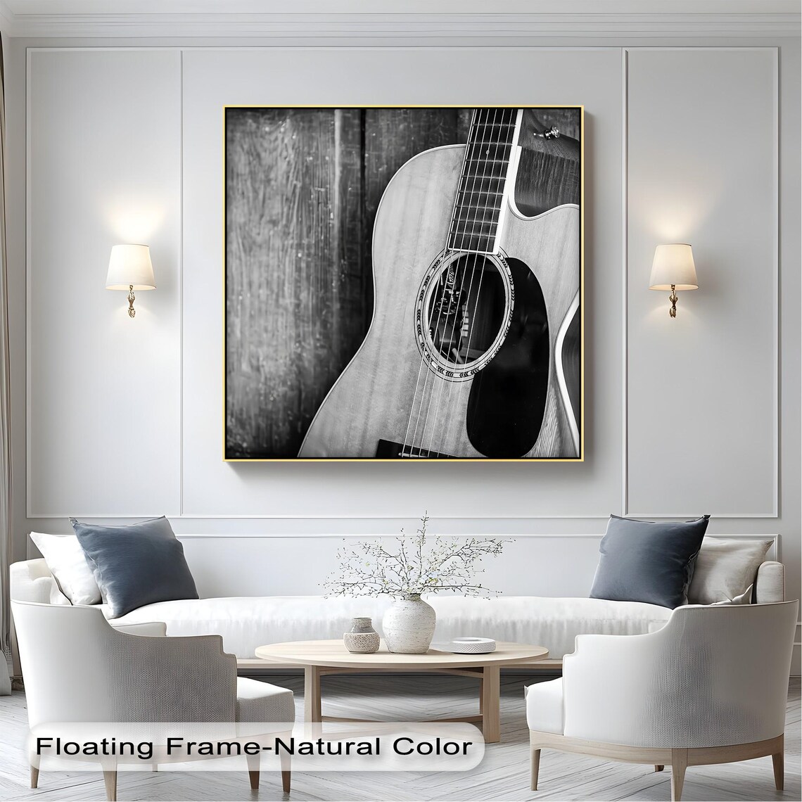 Black White Acoustic Guitar Close Up Music Room Photography Wall Art