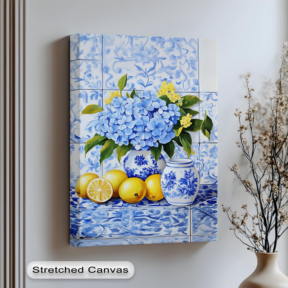 Blue Tile Kitchen Art Lemons Hydrangeas Print