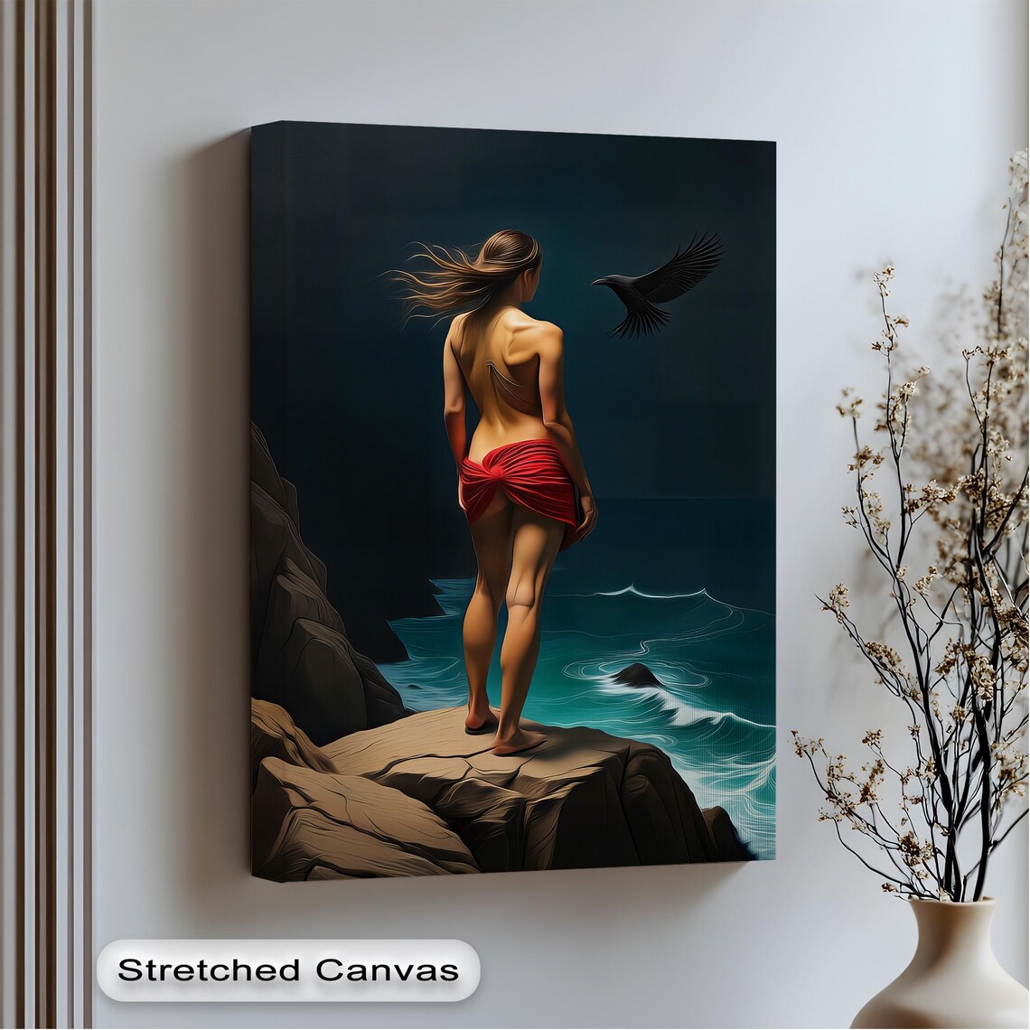 Woman With Red Cloth Seaside Rocks and Raven Cinematic Print