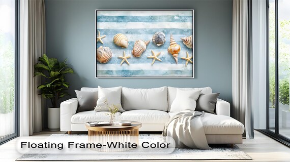 Coastal Shells And Starfish Canvas Art Nautical Blue Stripe Print