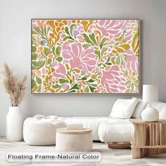 Abstract Floral Canvas Art Pink Green Botanical Print Anthracite Frame