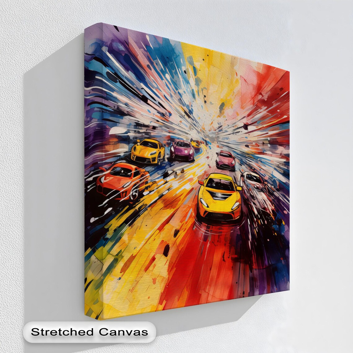 Racing Car Canvas Art Abstract Speed Burst Natural Wood Frame