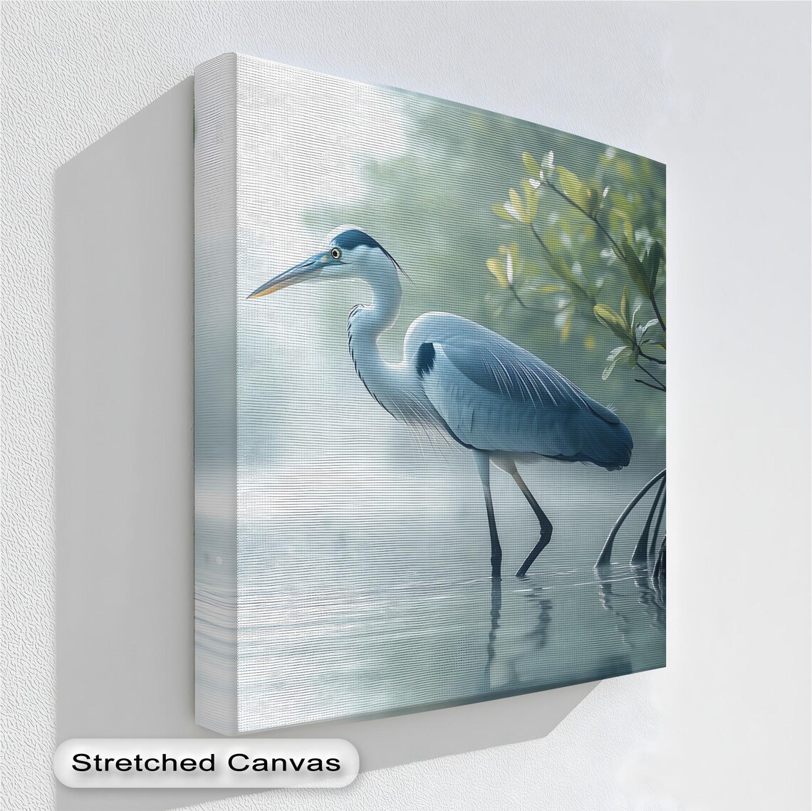 Blue Heron Misty Lagoon Canvas Print Serene Wetland Bird Nature Art