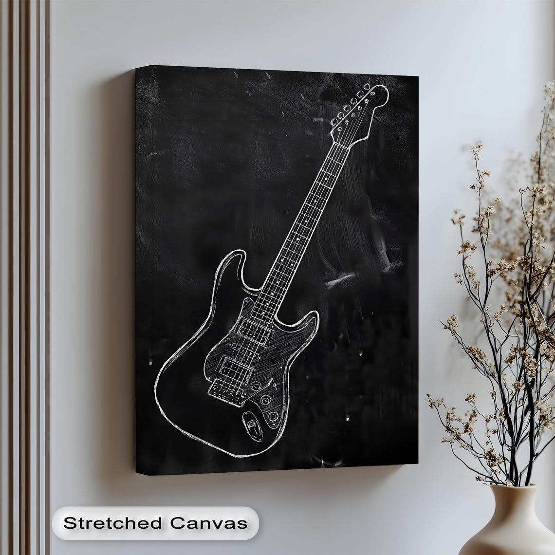 Electric Guitar White Chalk Sketch Black Rock Studio Music Poster