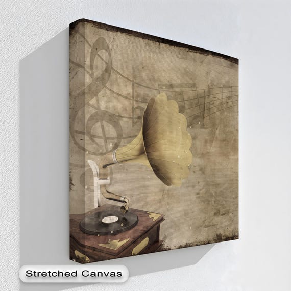Gramophone Canvas Wall Art Vintage Music Print In Natural Floating Frame