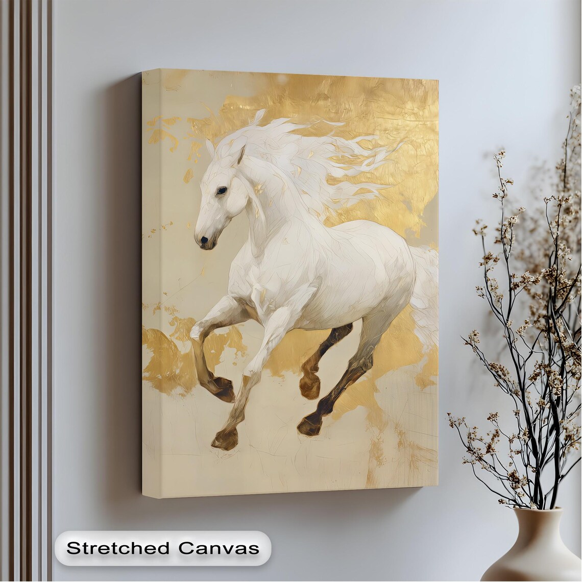 White Stallion Running Golden Abstract Horse Art Equestrian Poster