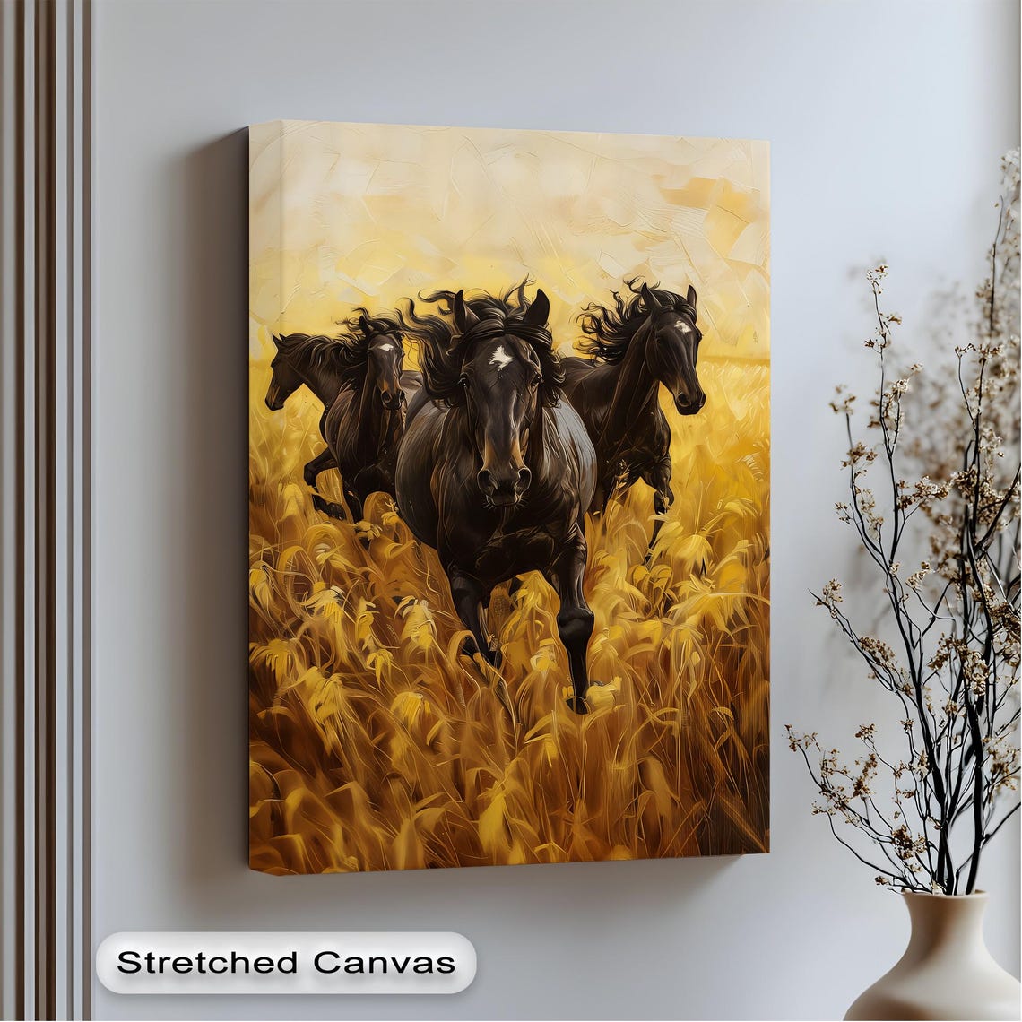 Black Stallions Galloping Golden Wheat Field Wild Horses Art Poster
