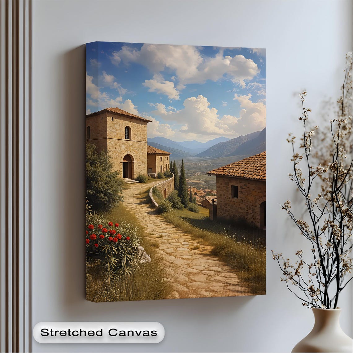 Rustic Village Pathway Poster with Stone Houses and Mountain View
