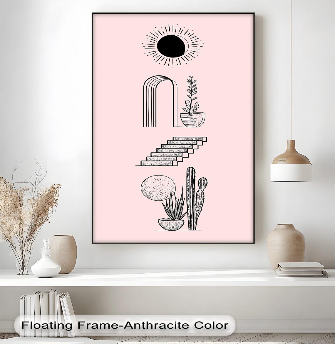 Minimalist Desert Line Art Canvas Pink Boho Scandinavian Decor