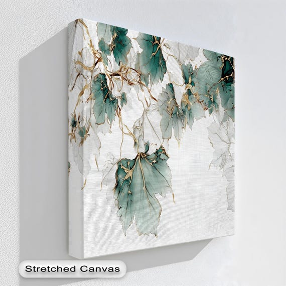 Green Gold Leaf Canvas Wall Art Modern Botanical Floating Frame