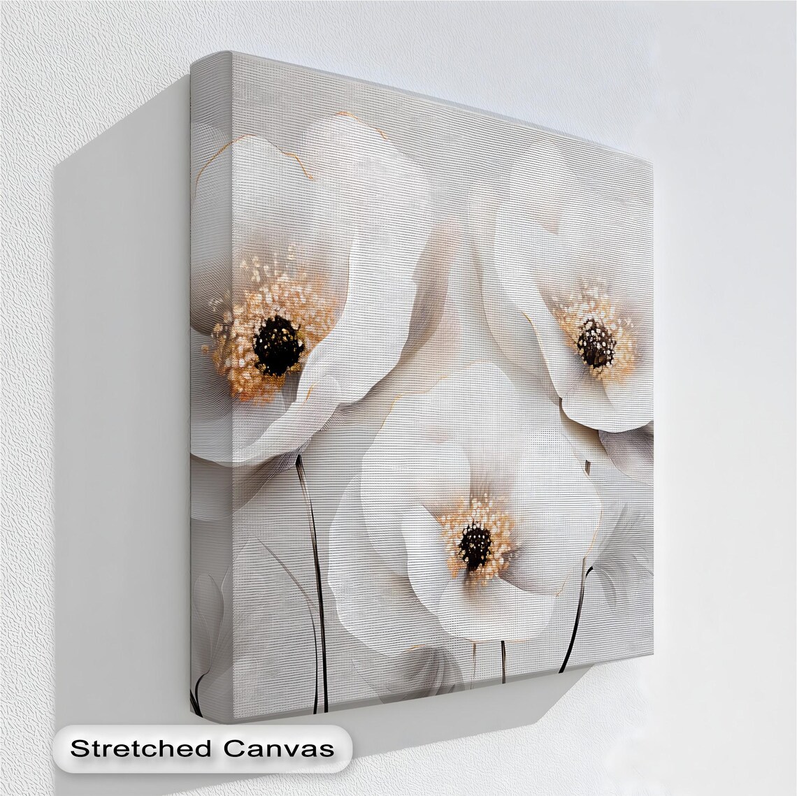 White Flowers Abstract Beige Gold Soft Floral Minimalist Art Print