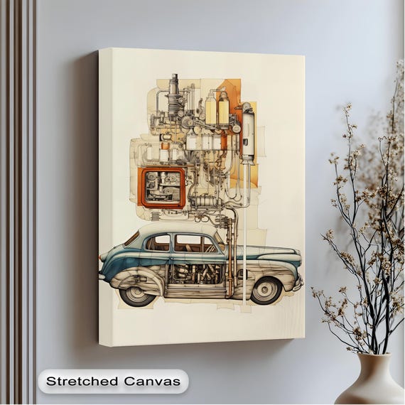 Vintage Car Blueprint Art Retro Auto Engine Schematic Print