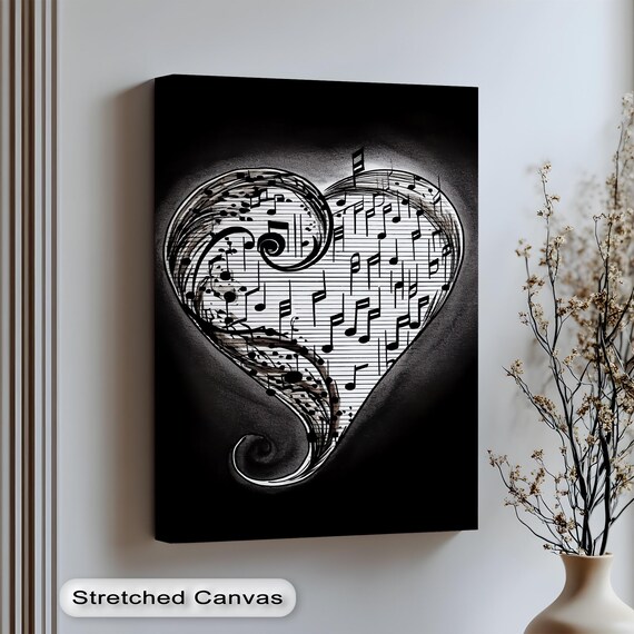 Musical Heart Black And White Sheet Music Notes Decor Poster