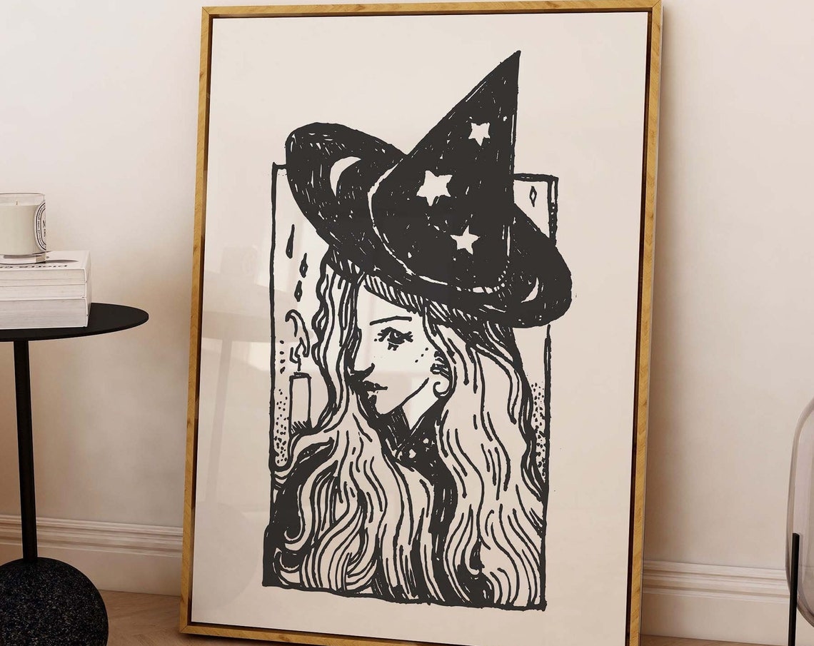 Witch Sketch Starry Hat Line Art Poster for Spooky Halloween Decor - Image 4