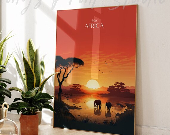 Visit Africa Sunset Savanna Elephants Silhouette Travel Poster