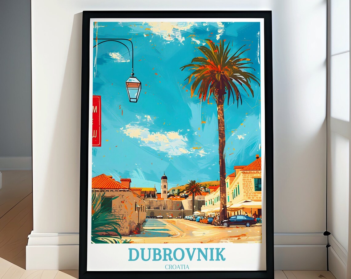 Sunny Dubrovnik Old Town Street With Palm Trees And Lantern Poster