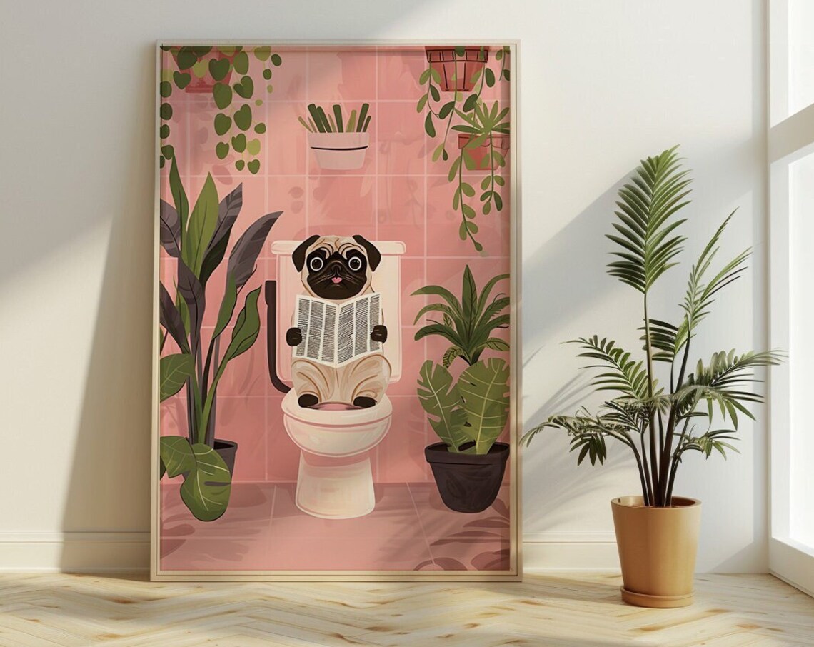 Cute Pug Reading Newspaper Vintage Bathroom Poster