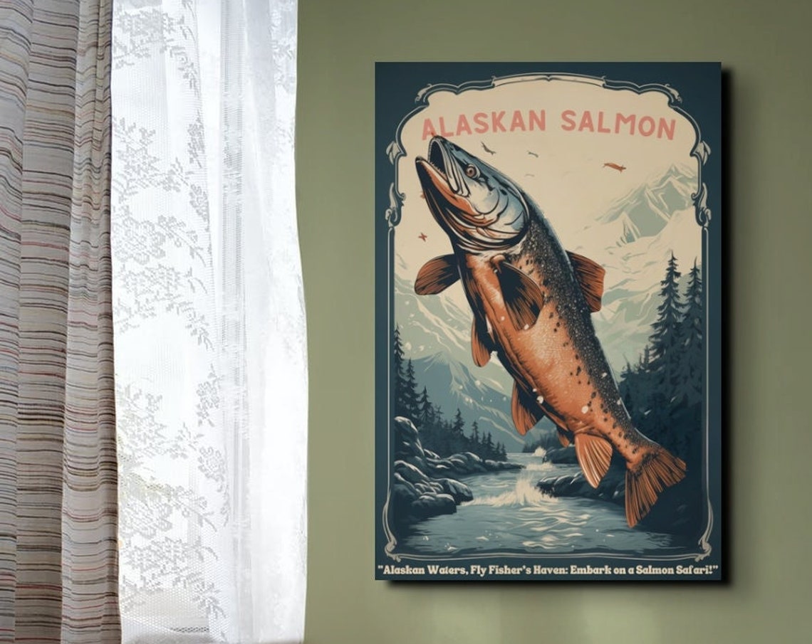 Alaskan Salmon Vintage Fishing Poster With Mountain River Scene