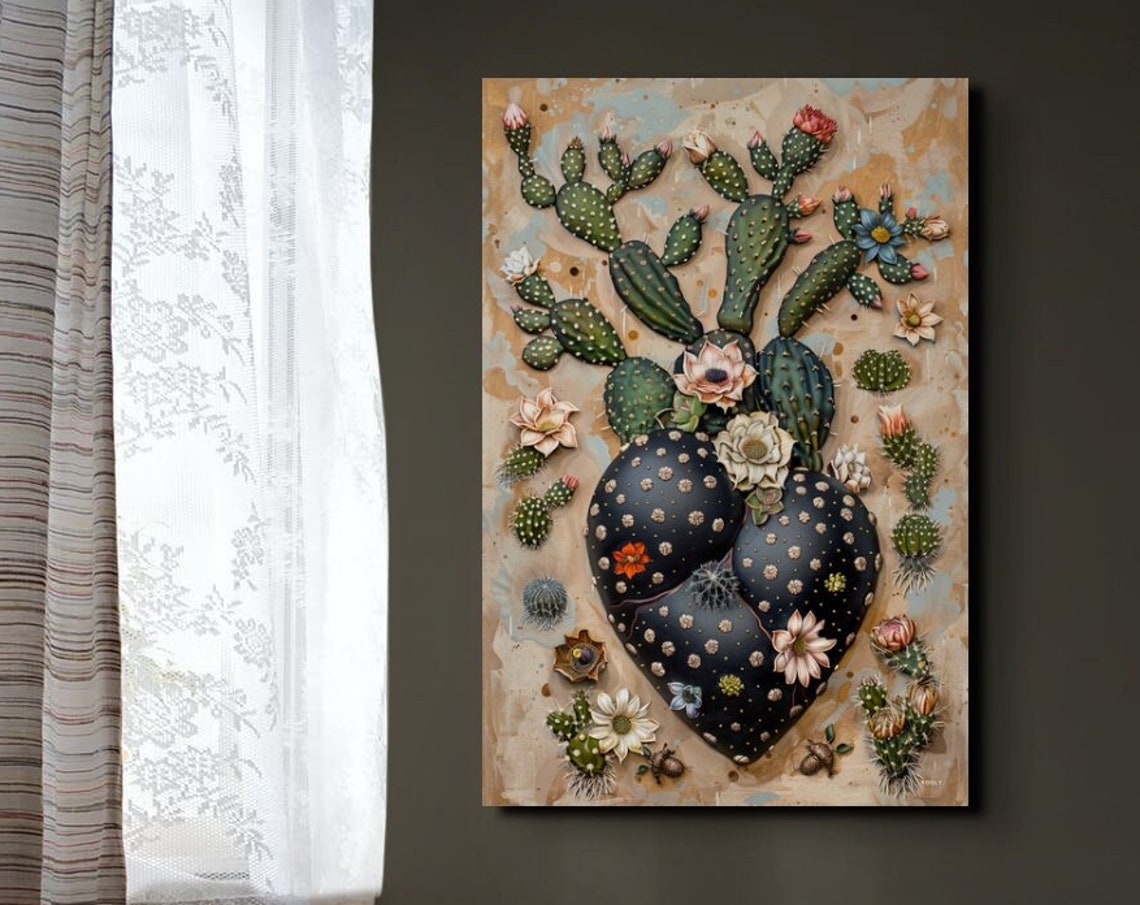 Heart Shaped Cactus With Blooming Flowers Southwestern Poster