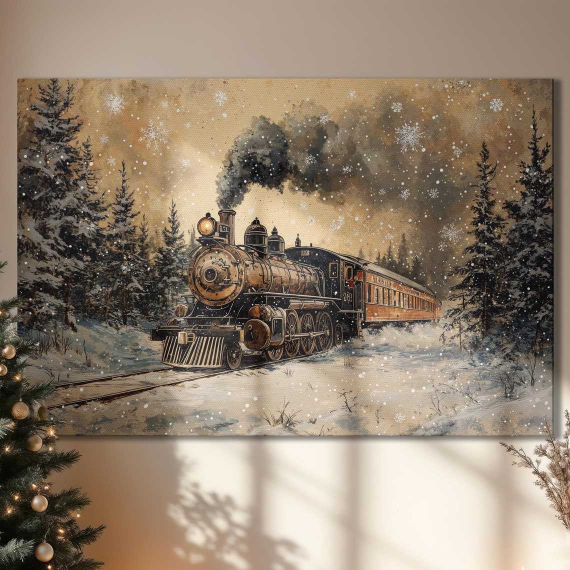 Vintage Steam Train Snowy Forest Winter Christmas Locomotive Poster