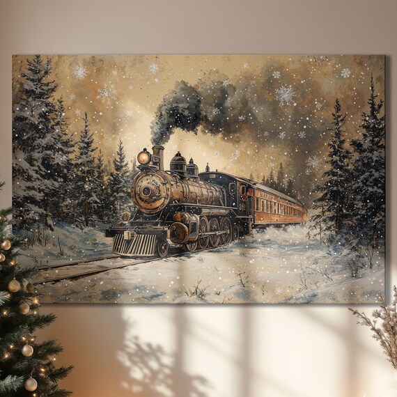 Vintage Steam Train Snowy Forest Winter Christmas Locomotive Poster