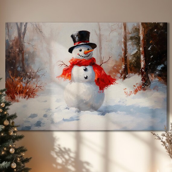 Snowman With Red Scarf And Top Hat Winter Forest Painting Poster