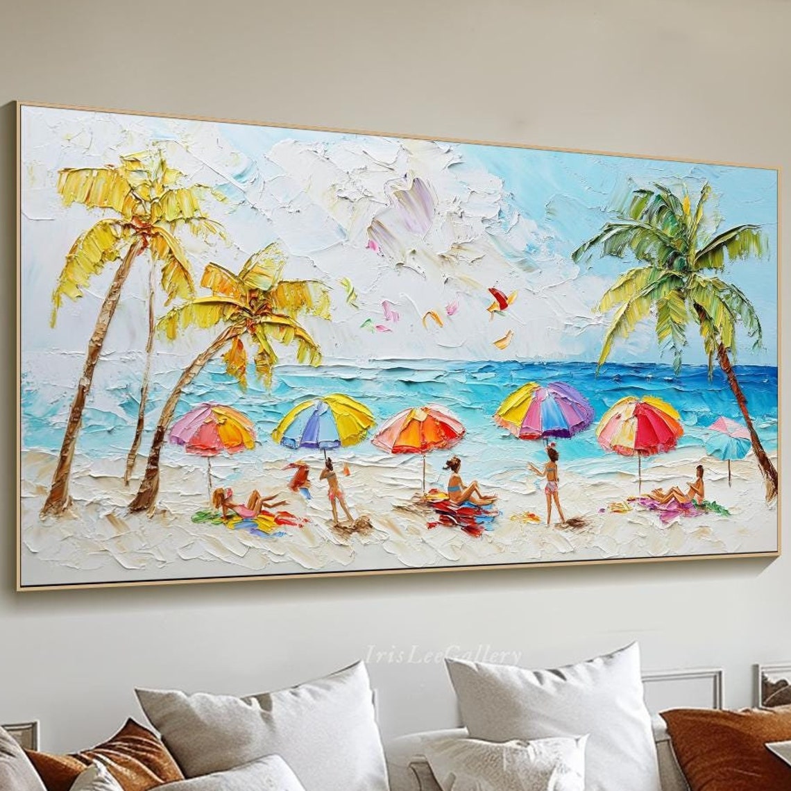 Happy Beach Crowd Palm Trees Colorful Umbrellas Summer Coast Wall Art