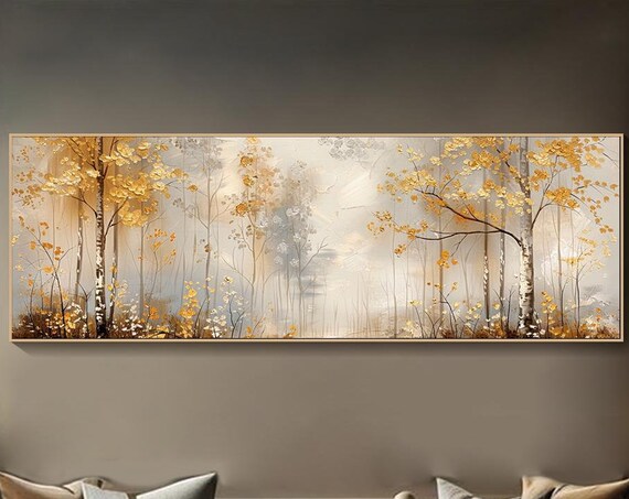 Oil Painting On Original Golden Forest Painting 3d Trees Textured Wall Art Extra Large Art Living Room Wall Art Gold Foil Art
