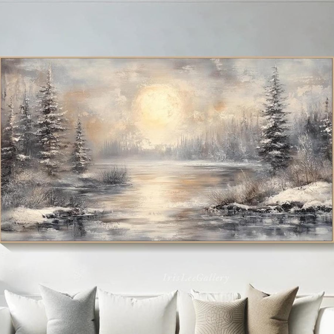 Monochrome Winter Lake Snowy Pines Sunrise Painting Wall Art
