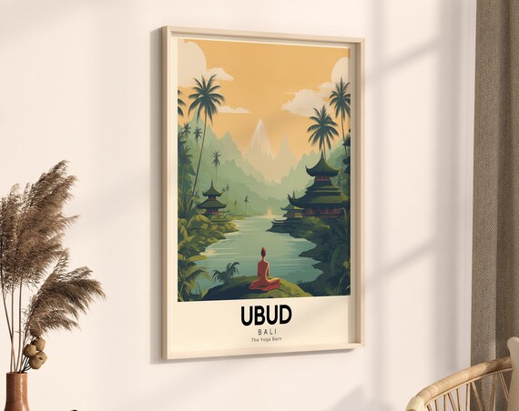 Ubud Bali Retro Yoga Retreat Travel Poster Tropical Jungle Art