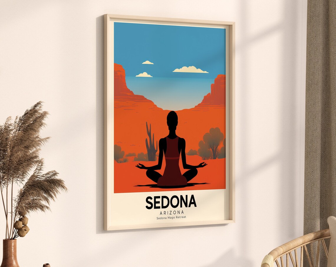 Sedona Arizona Retro Yoga Retreat Travel Poster Desert Sunset Art