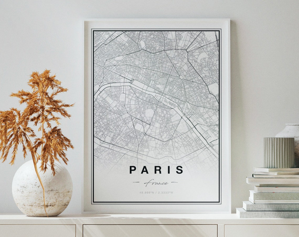Paris France City Map Minimalist Black And White Modern Art Print