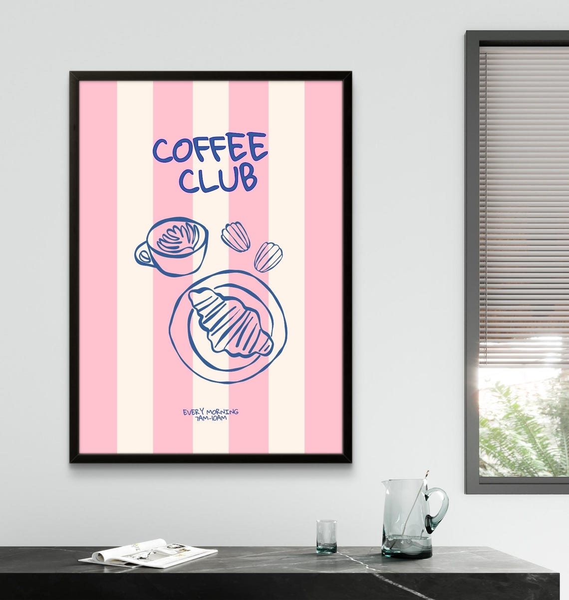 Coffee Club Striped Kitchen Cafe Pink Typographic Breakfast Poster