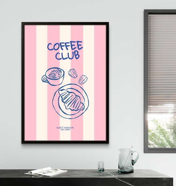 Coffee Club Striped Kitchen Cafe Pink Typographic Breakfast Poster