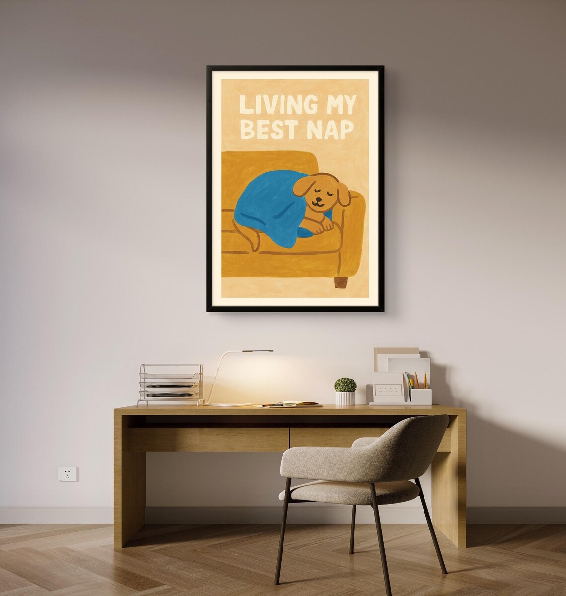 Dog Living My Best Nap on Couch Under Blue Blanket Cute Poster