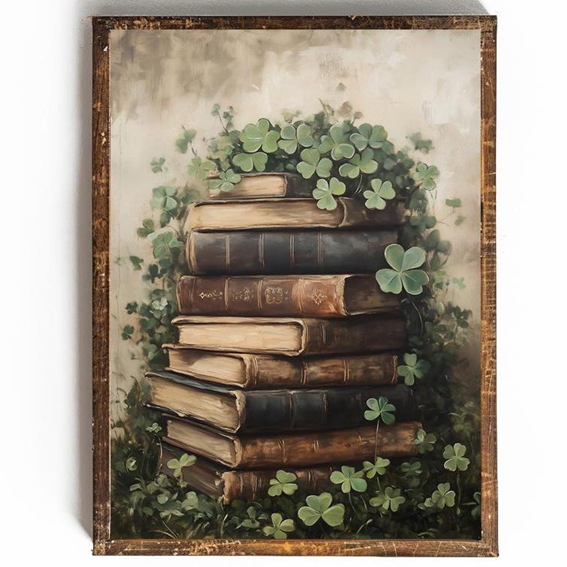 Shamrock Clover Growing Over a Stack of Vintage Books Painting Poster