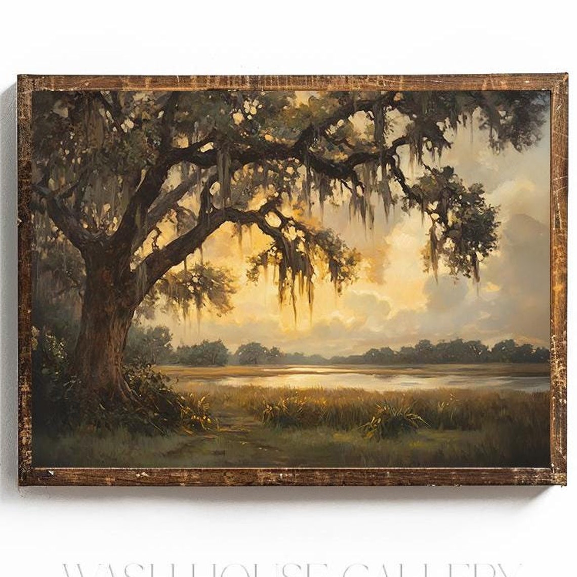 Spanish Moss Live Oak at Sunset Over a Golden Marsh Landscape Poster