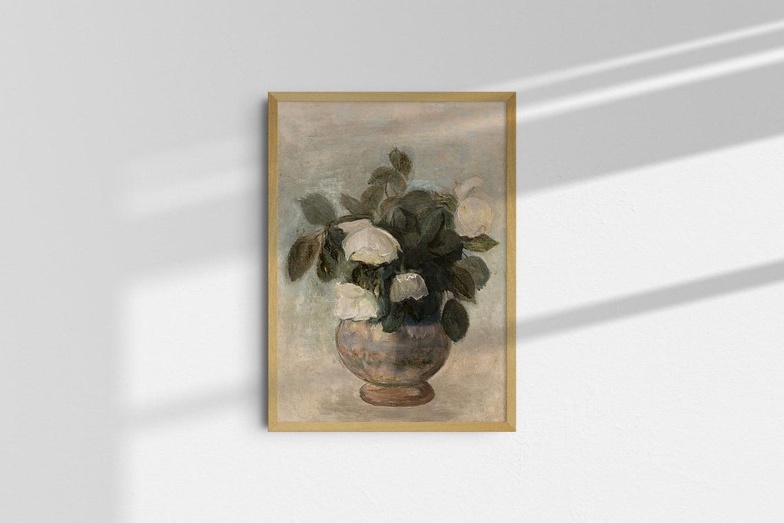 Vintage White Roses In Ceramic Vase Impressionist Botanical Poster - Image 2
