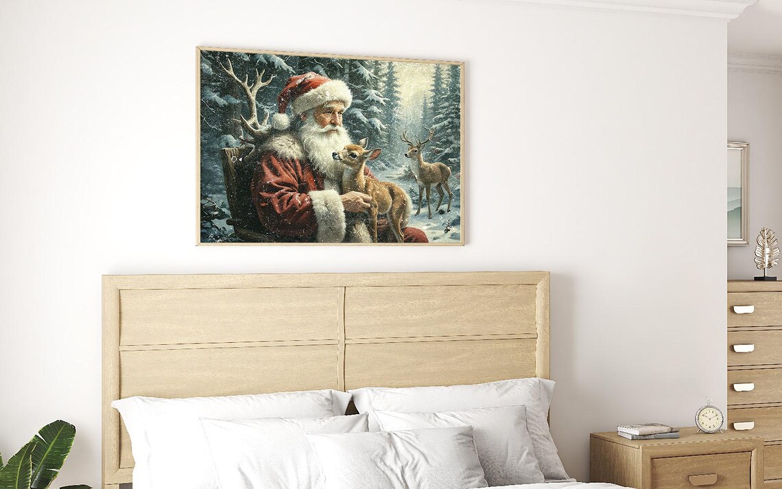 Santa Claus Holding Fawn In Snowy Forest Vintage Christmas Oil Painting Poster - Image 4