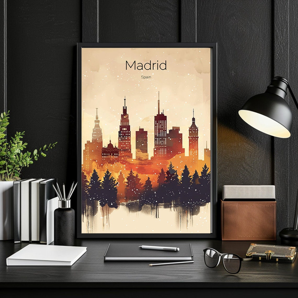Madrid Spain Watercolor City Skyline Dusk Trees Silhouette Poster