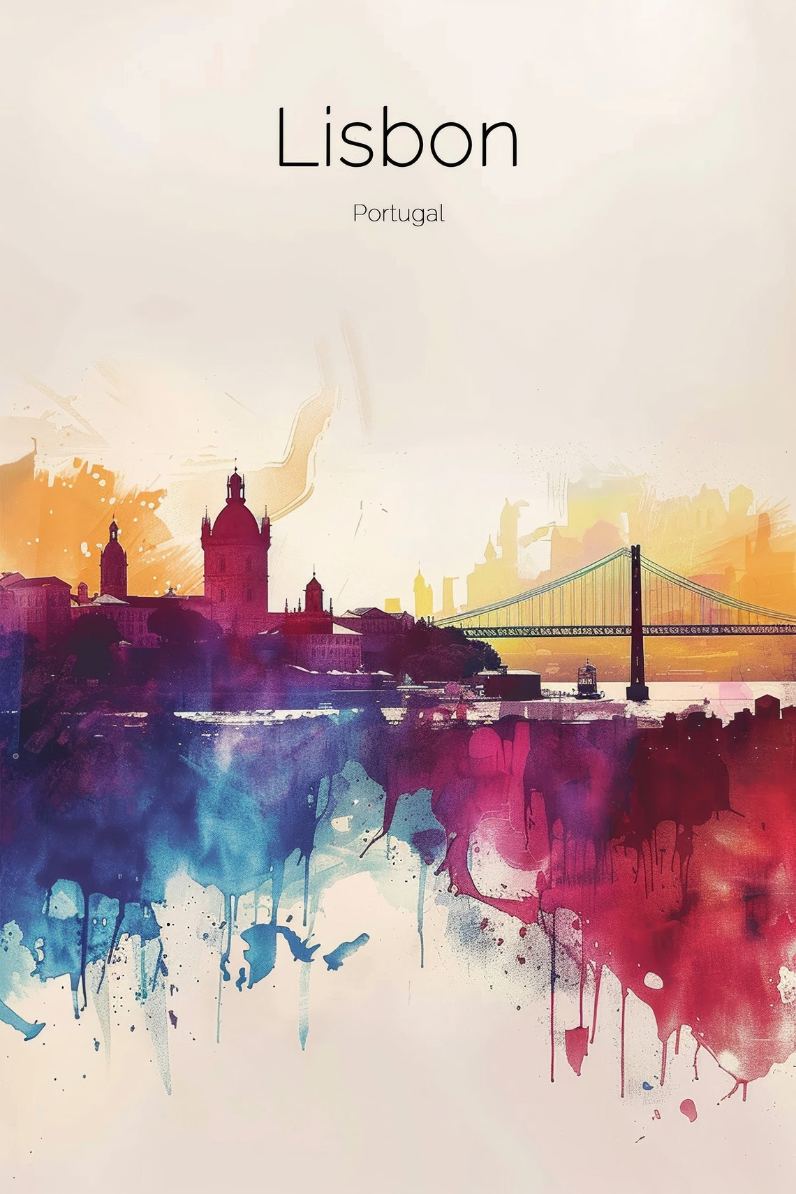 Lisbon Portugal Watercolor Skyline Bridge River Sunset Art Poster - Image 2