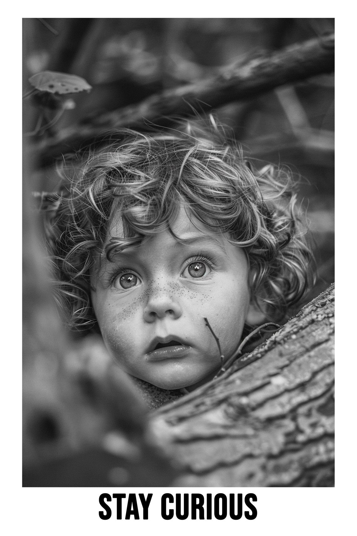 Curious Curly Haired Child Peeking Stay Curious Black White Poster - Image 2