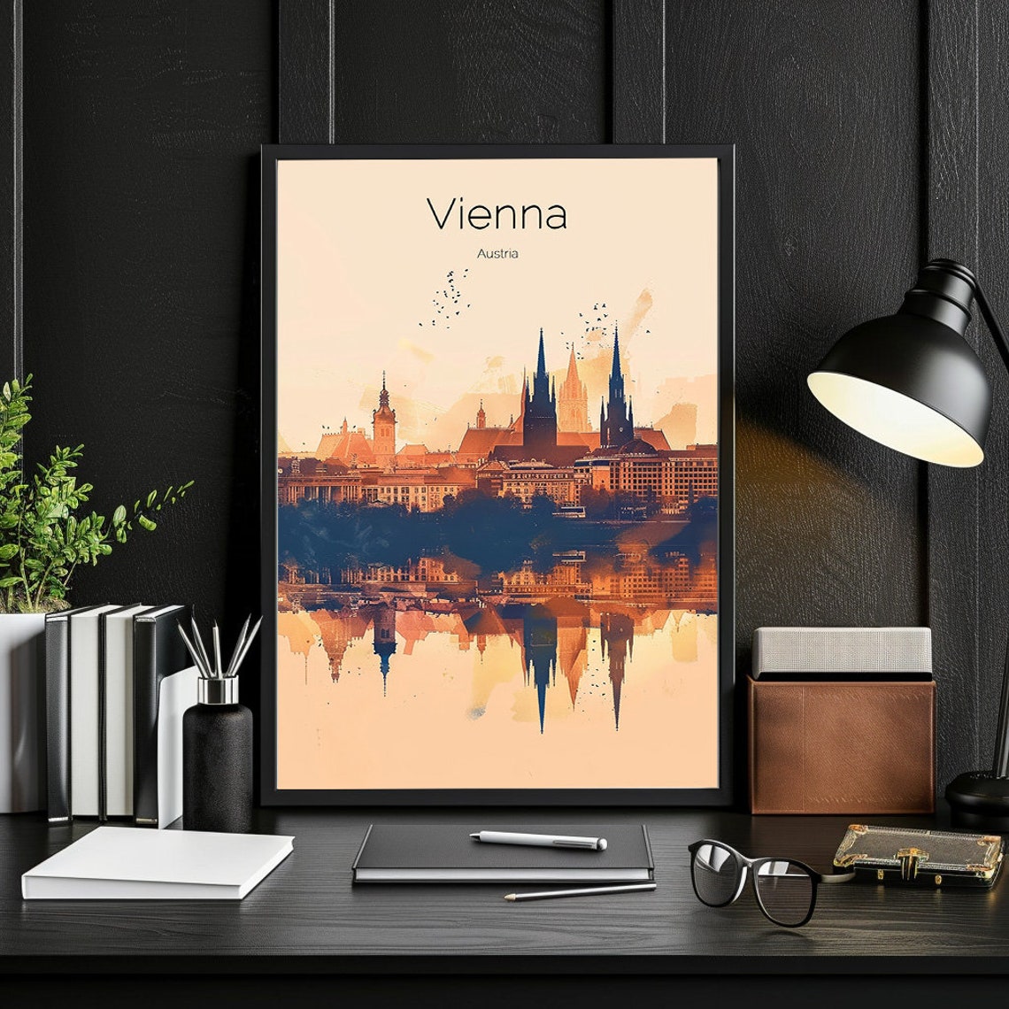 Vienna Austria Watercolor Skyline Spires Sunset Glow Travel Poster