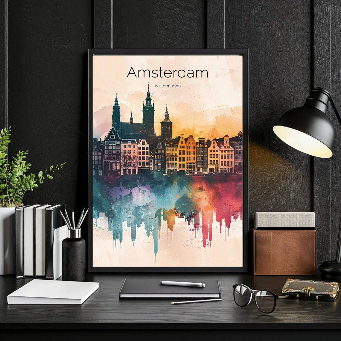 Amsterdam Netherlands Watercolor Canal Houses Sunset Glow Poster
