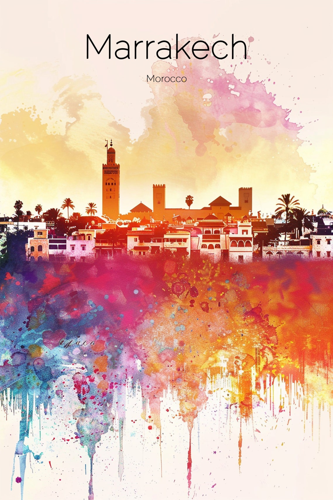 Marrakech Morocco Watercolor Koutoubia Minaret Sunset Sky Poster - Image 2