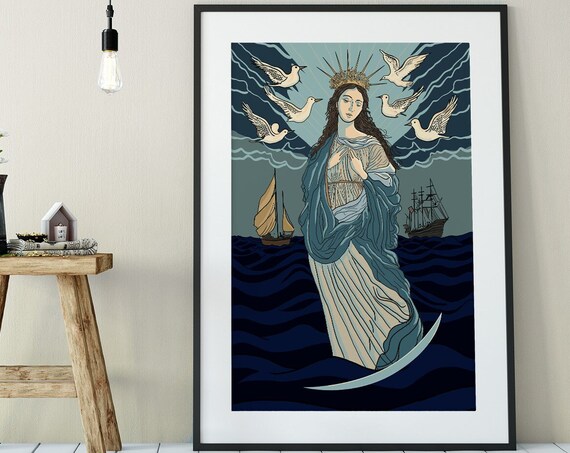 Virgin Mary Crescent Moon Ocean Ships Doves Religious Poster