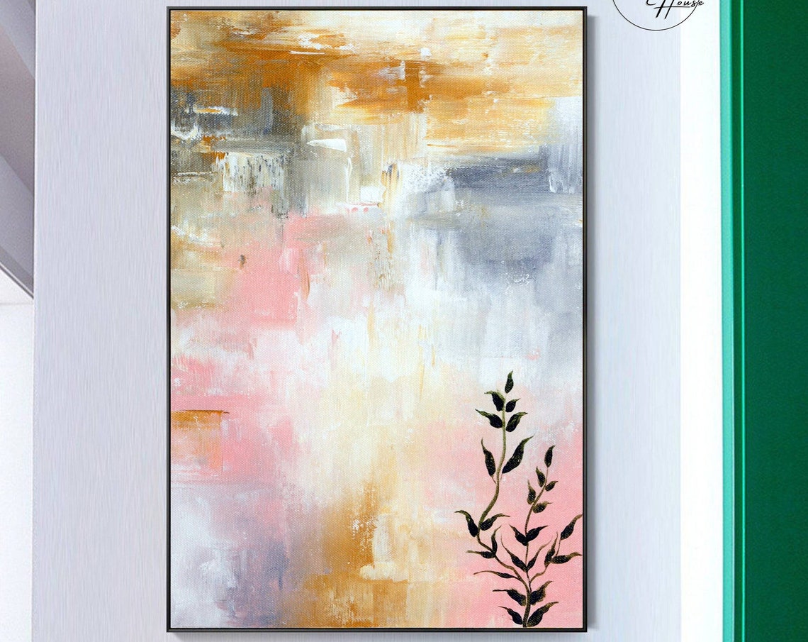 Blush Pink Gold Grey Abstract With Black Botanical Branch Poster