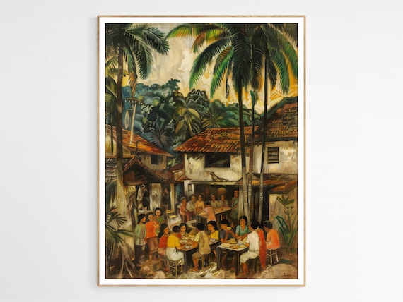 Village Feast Under Palm Trees Outdoor Gathering Cultural Art Poster