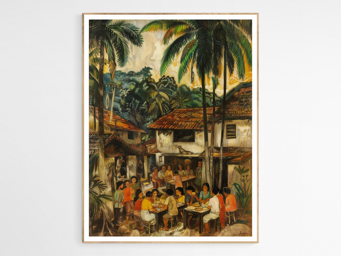 Village Feast Under Palm Trees Outdoor Gathering Cultural Art Poster